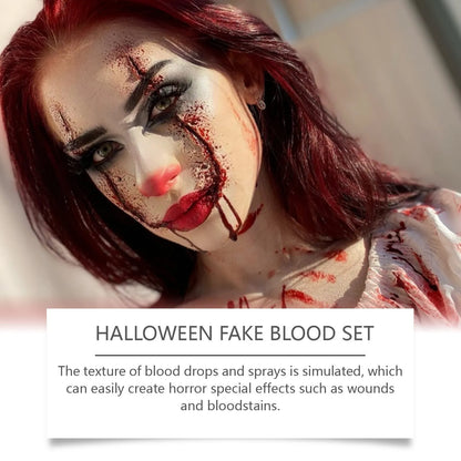 Three-piece washable fake blood set with plasma drops, plasma spray, and surface soap for horror effects