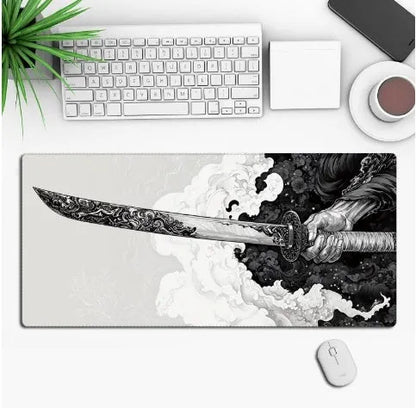 Anime-themed large black gaming mouse pad with custom graphic on a non-slip rubber cloth base.