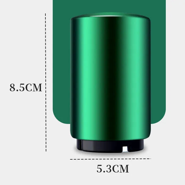 Stainless steel automatic bottle opener measuring 8.4 cm by 5.3 cm on a kitchen counter