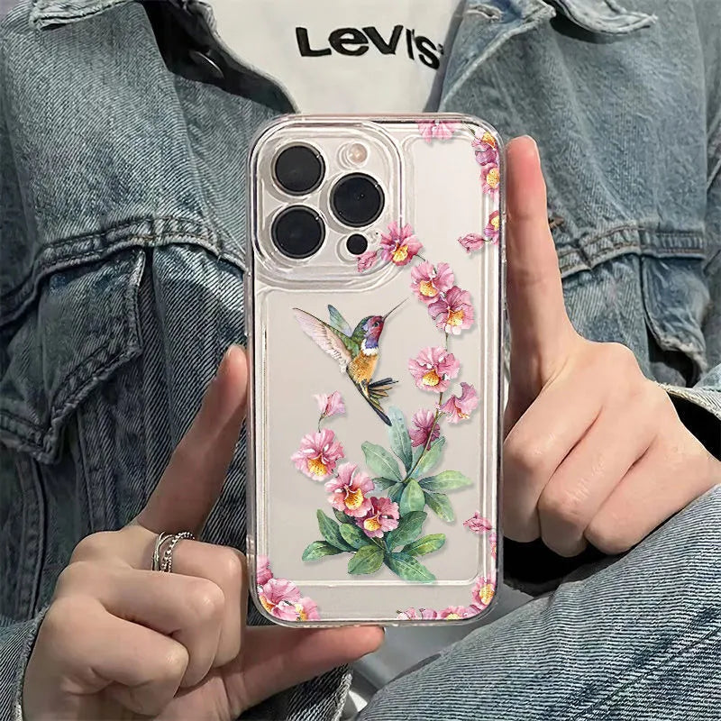 Flower Magpie fine hole all-inclusive TPU iPhone case in transparent or transparent black, shockproof and anti-fingerprint