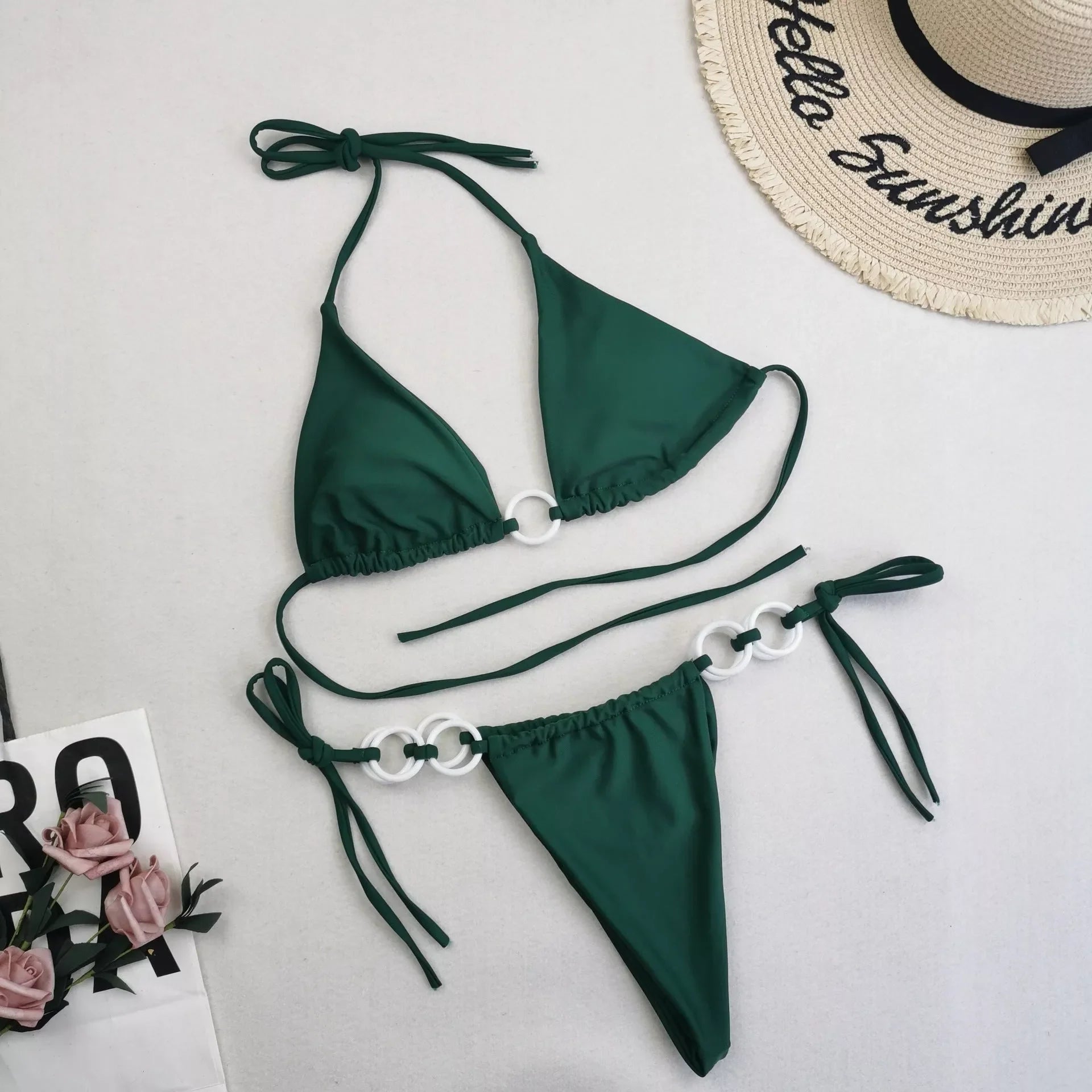 Women's split bikini with lace-up design and double fabric in various colours