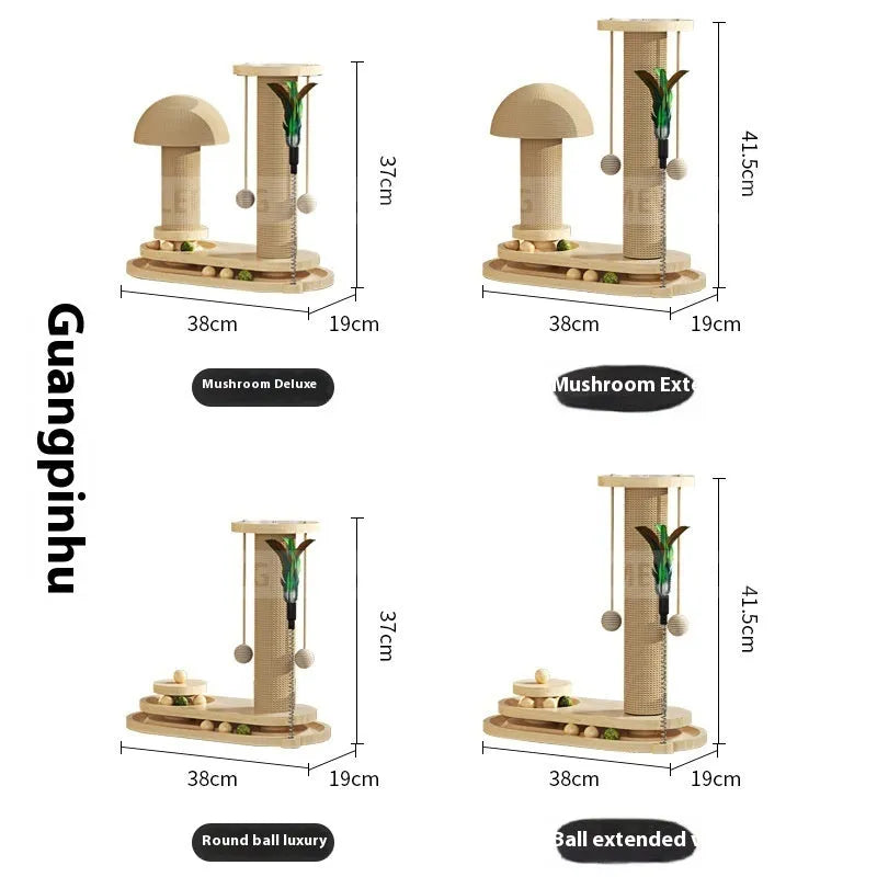 Solid wood cat scratching post with sisal rope and a brown oval turntable on a thick wooden base.