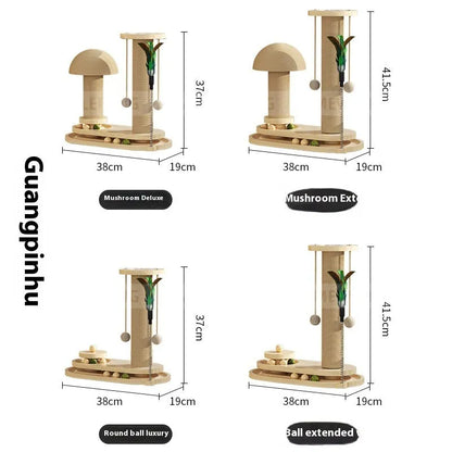 Solid wood cat scratching post with sisal rope and a brown oval turntable on a thick wooden base.