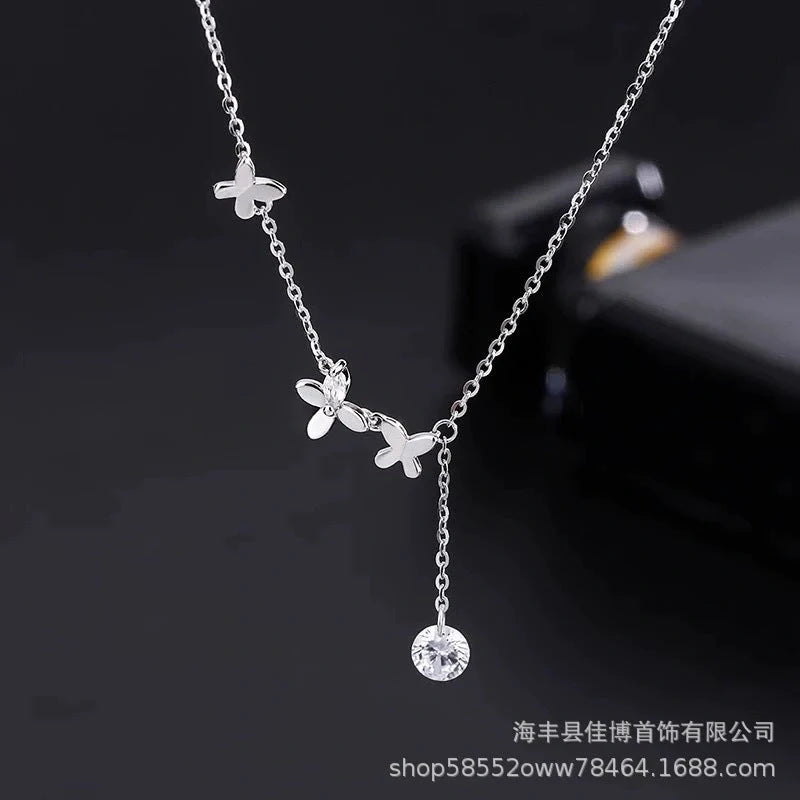 S925 Sterling Silver Butterfly Anklet with Zircon Flower Tassel in white gold color