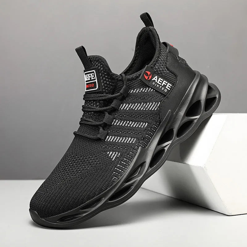 Men's black mesh casual running shoes with cross-strap detail and white MD sole, shown from the side.