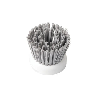Milk white and mint green pot scrub brush with a soap dispenser handle and replaceable non-scratch bristles.