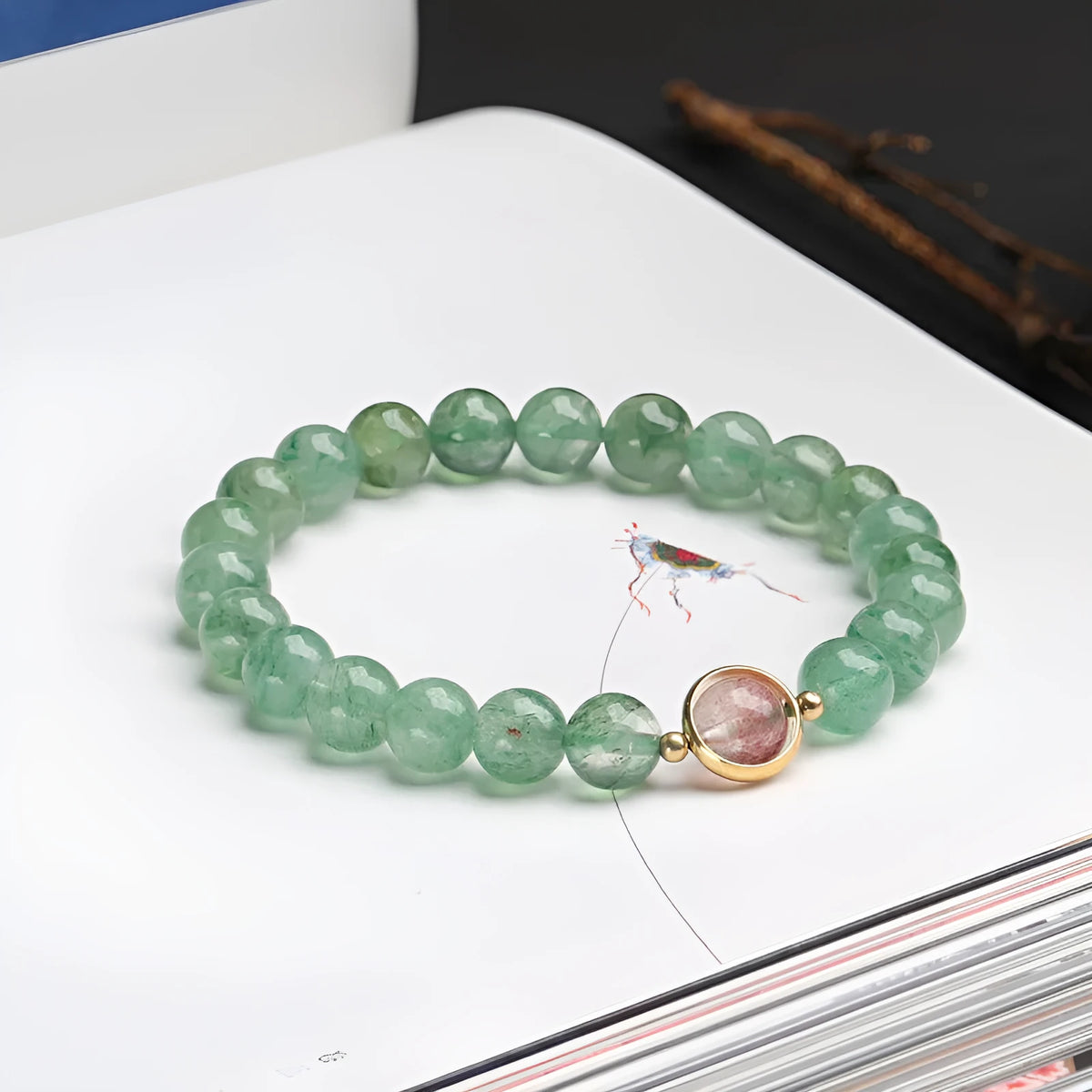 Green strawberry quartz crystal bracelet with geometric design and auspicious patterns