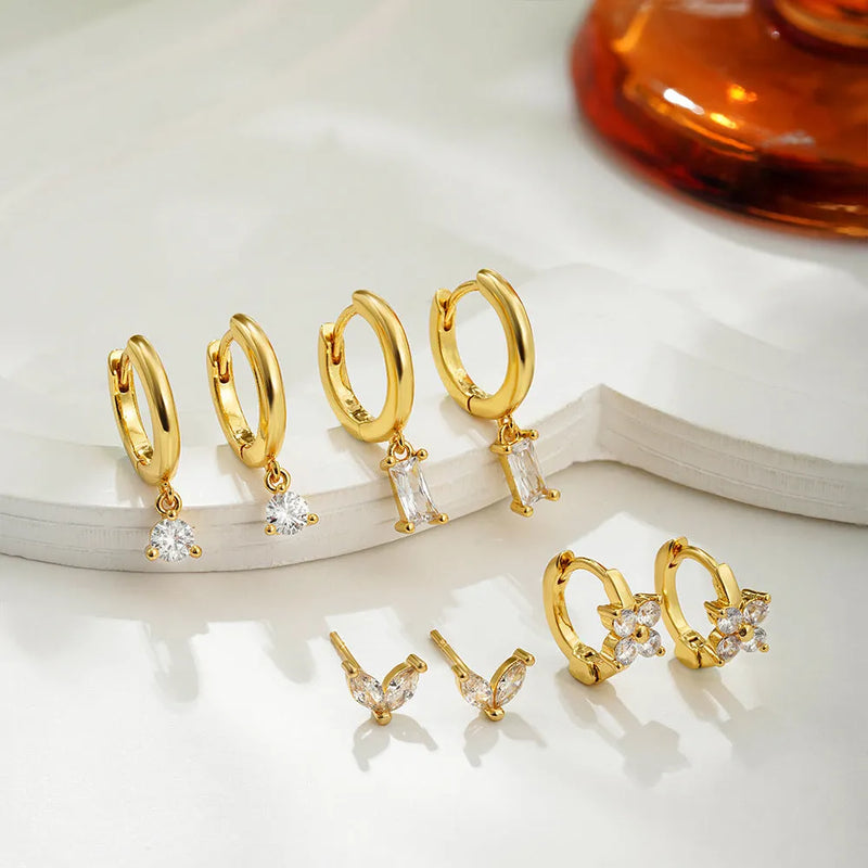 Copper Plating Zircon Geometric Square Four-piece Earrings For Women - A quartet of electroplated statement earrings featuring classic star and quadrilateral shapes