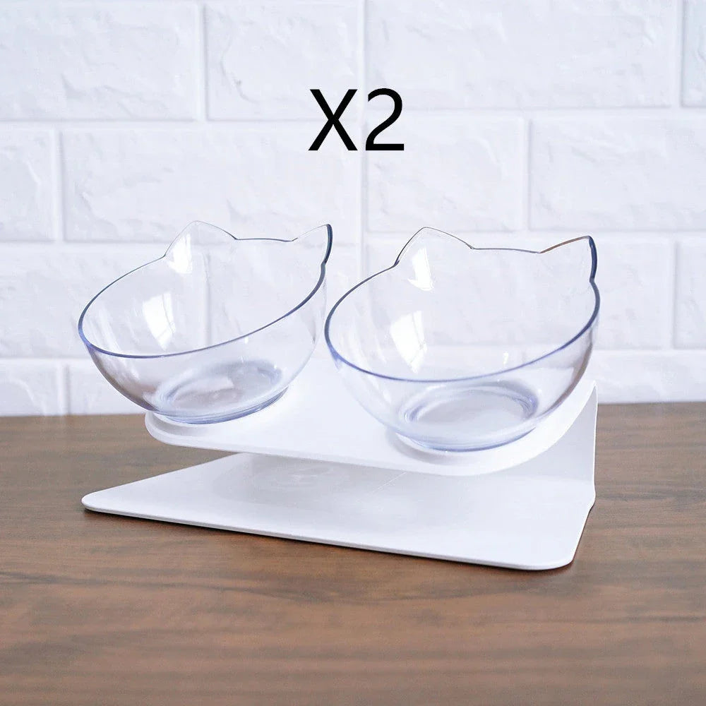 Tilted cat and dog bowls with raised stand, designed to reduce neck strain and protect cervical vertebrae.