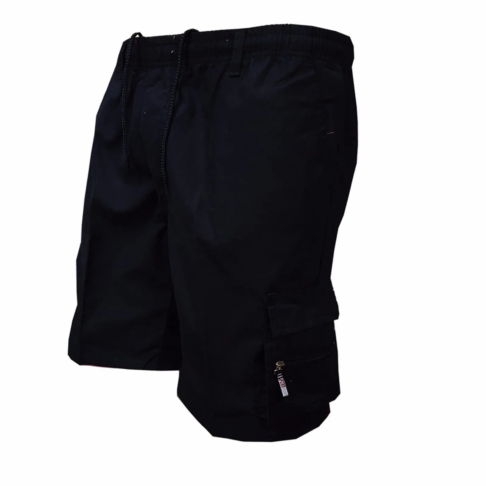 Men's multi-pocket cotton casual shorts in khaki with a drawstring waistband, shown in a loose fit.