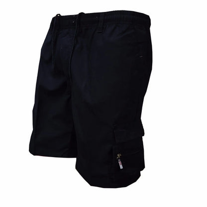 Men's multi-pocket cotton casual shorts in khaki with a drawstring waistband, shown in a loose fit.