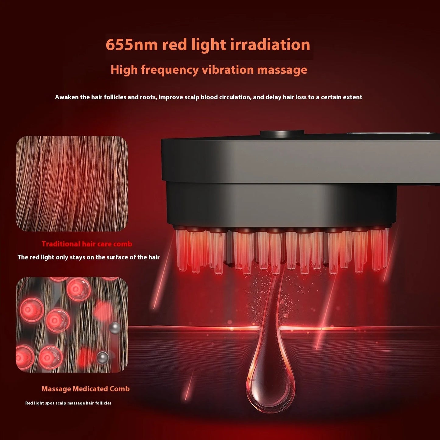 Smart massage comb with red light therapy for head care in pink or black colour options
