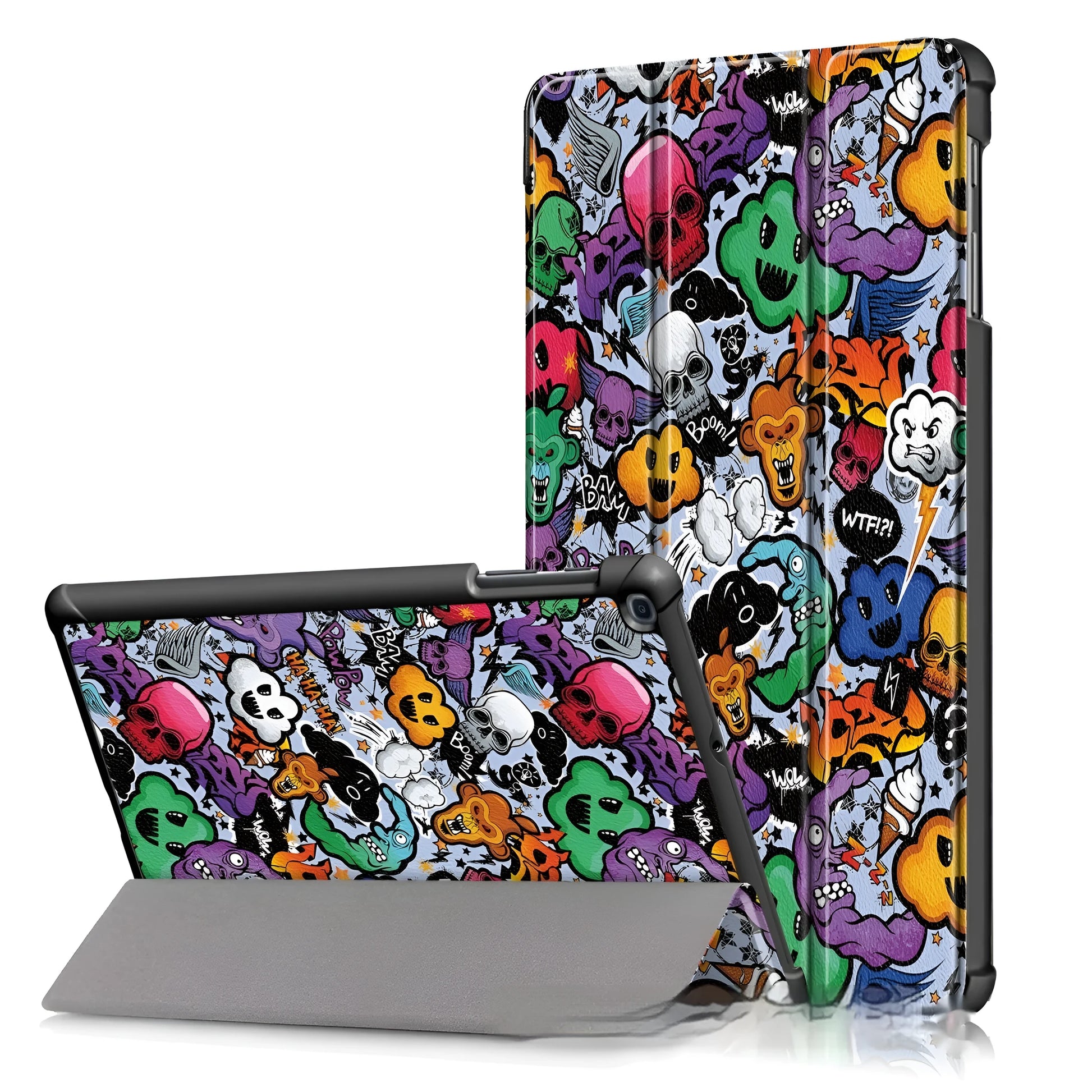 Plastic tri-fold flip cover case for a Samsung tablet showing decorative design options.