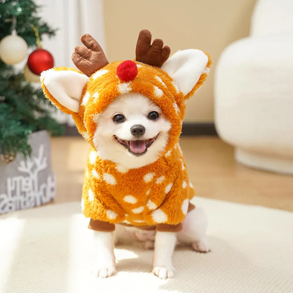 Elk-themed fleece-lined dog Christmas costume shown in size options from XS to XXL