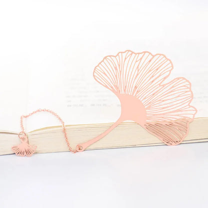 Brass metal bookmark with hollow plating leaf design and rose gold tassel decoration