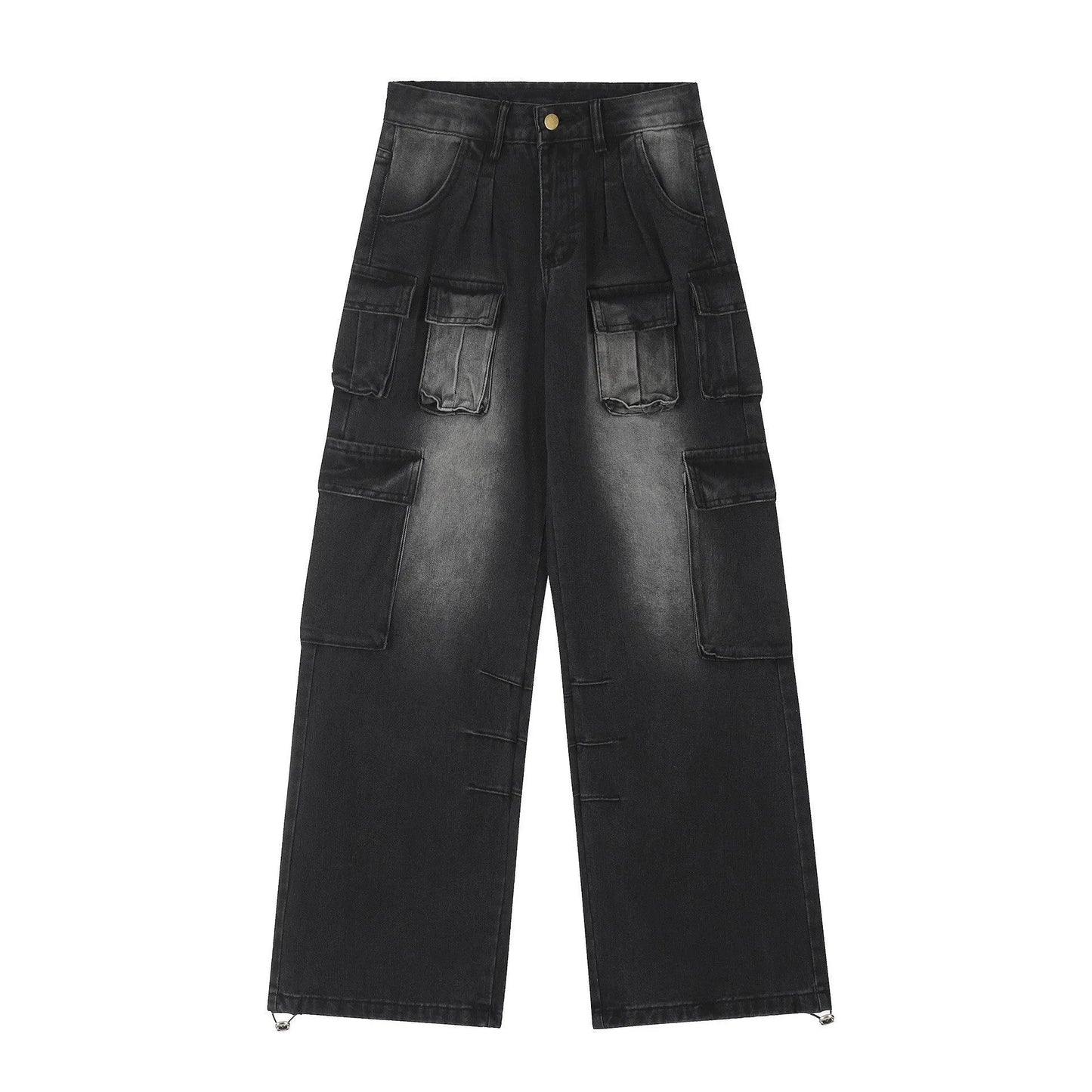Men's loose straight-leg distressed jeans with multiple tooling pockets in light blue denim