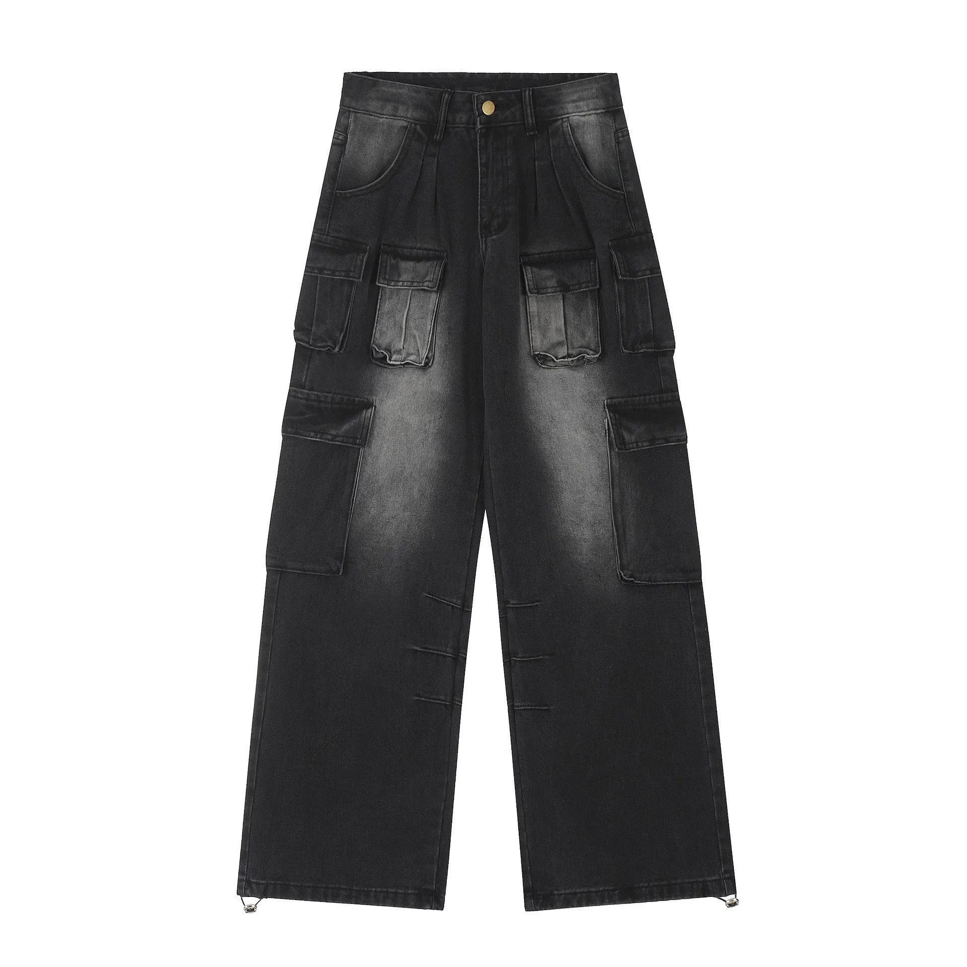 Men's loose straight-leg distressed jeans with multiple tooling pockets in light blue denim