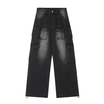 Men's loose straight-leg distressed jeans with multiple tooling pockets in light blue denim