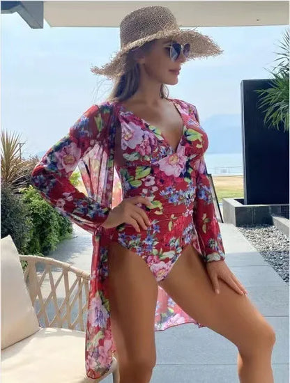 Women's floral pattern bikini three-piece swimsuit set with cover-up coat in multiple colour options