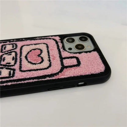 Pink iPhone back cover case with embroidered towel texture design for iPhone models X through 15 Pro Max.