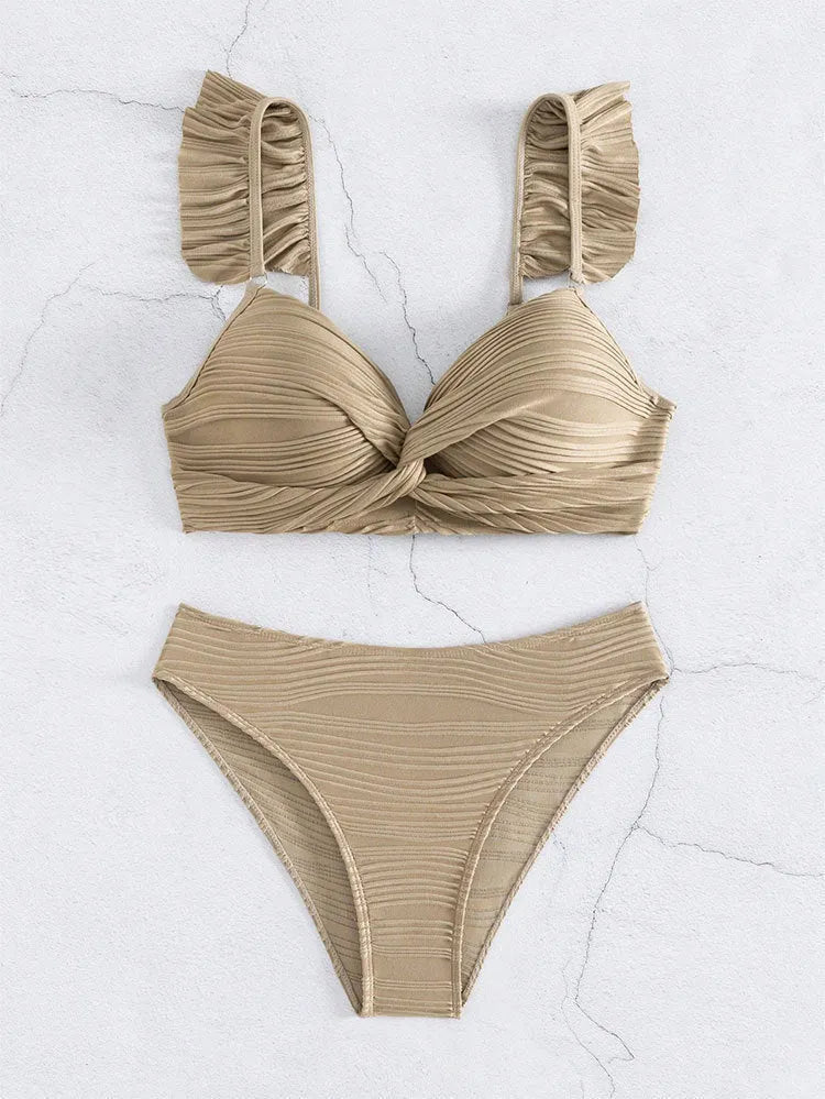 Women's solid colour bikini swimsuit set in black or khaki