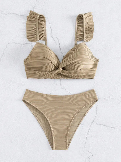 Women's solid colour bikini swimsuit set in black or khaki