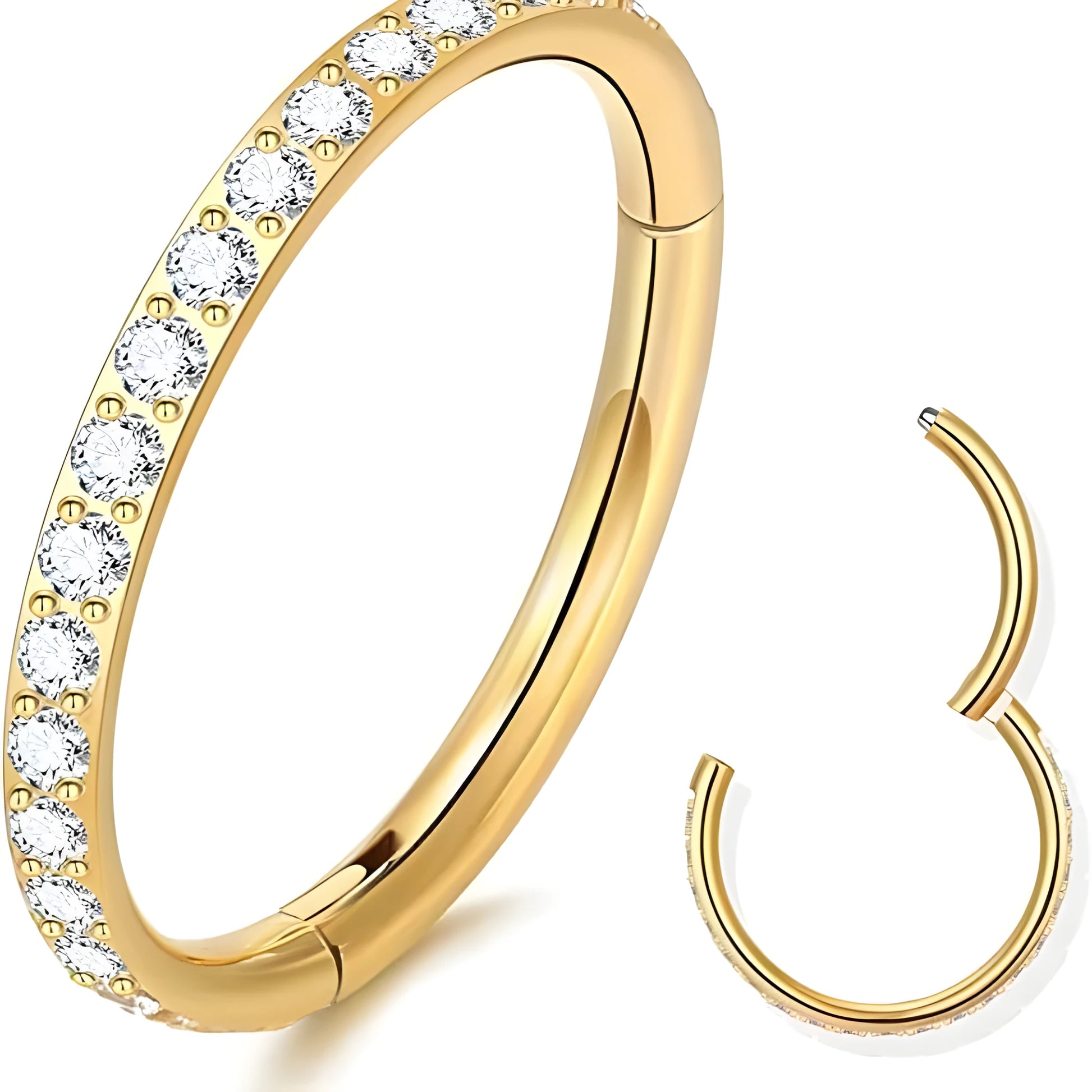 A seamless round hoop nose ring in stainless steel, shown alongside gold and rose gold colour options.