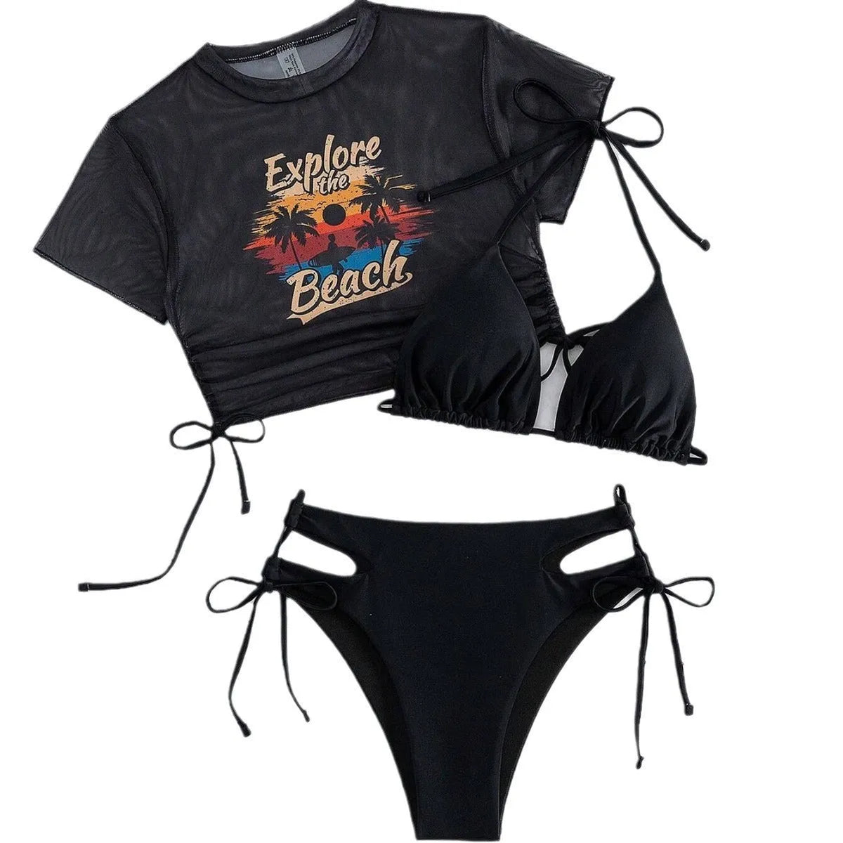 Women's black three-piece bikini swimsuit set with short sleeves
