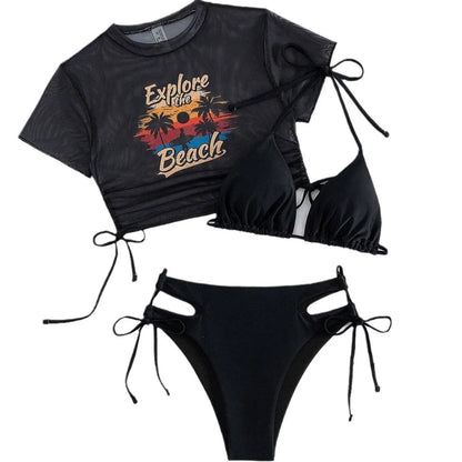 Women's black three-piece bikini swimsuit set with short sleeves