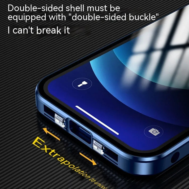 Glass phone case with double-sided buckle for Apple iPhone in multiple colours.