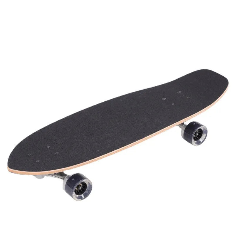 White street scooter with a long 31-inch maple wood deck and black wheels on pavement.