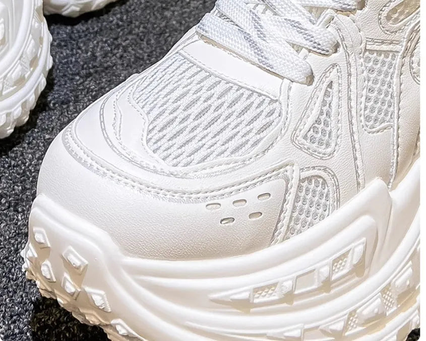 Women's white height increasing lace-up trainers with round toe and PU leather upper