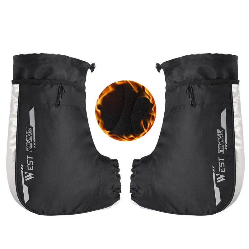 Black one-size winter cycling gloves with waterproof PU outer, fleece lining, and reflective safety details