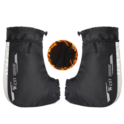Black one-size winter cycling gloves with waterproof PU outer, fleece lining, and reflective safety details
