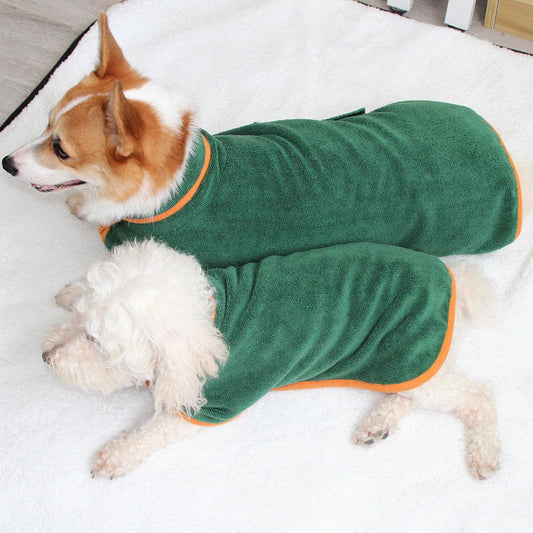 Absorbent pet drying robe with adjustable waist wrap, made of premium microfiber and terry cloth for quick drying and comfort