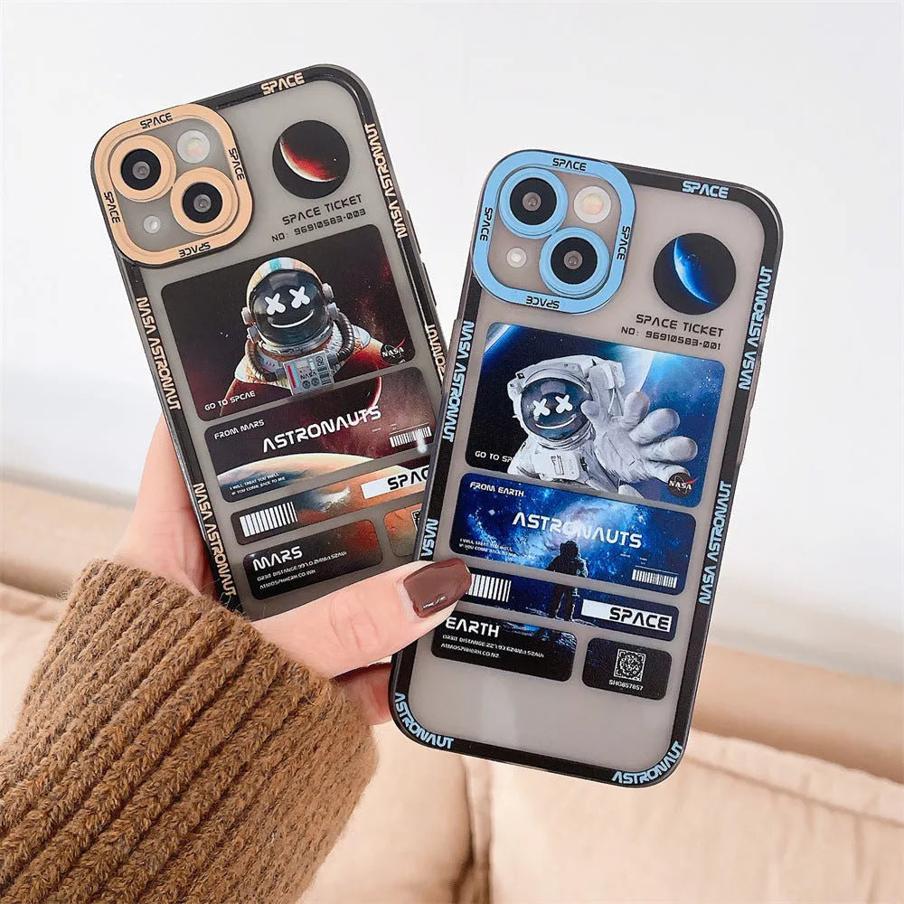 Blue and black space astronaut graffiti design on a silicone iPhone case for iPhone 13.