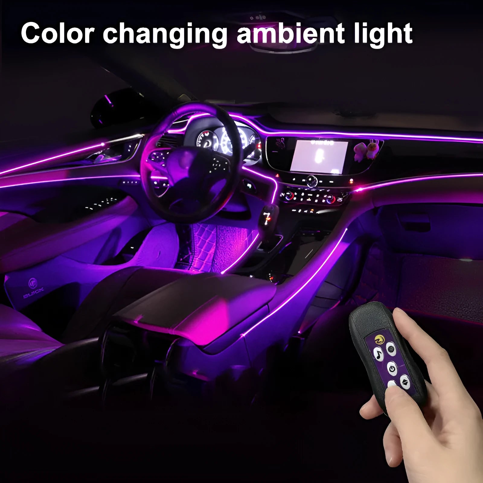 Car USB LED atmosphere lamp showing colour-changing lights installed on centre console and instrument panel