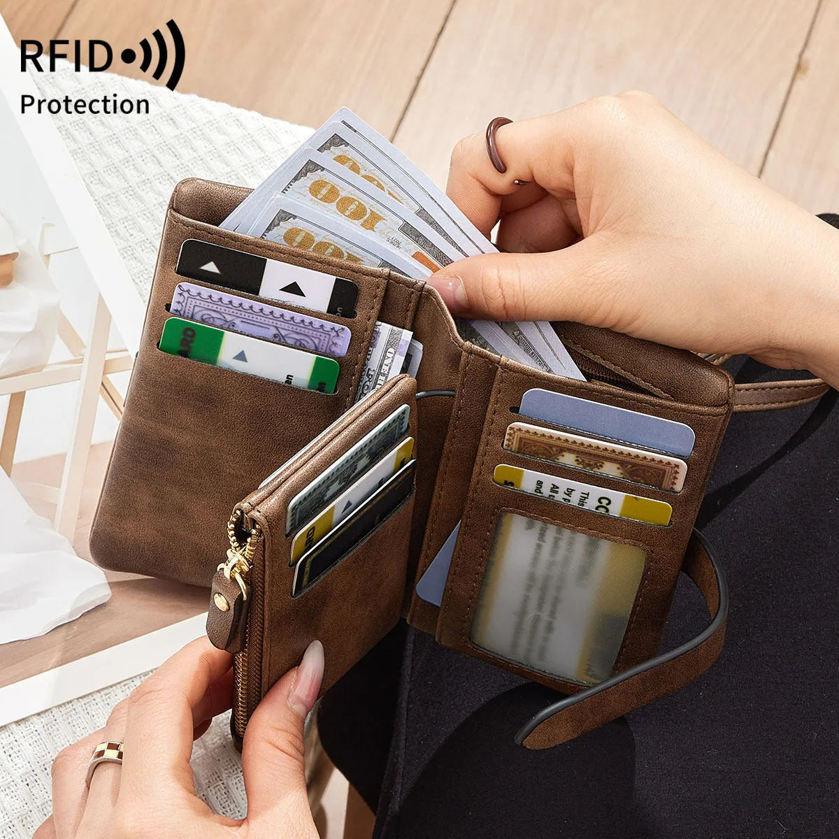 RFID women's short wallet in PU leather with sewing line detail, available in eight colours