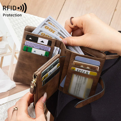 RFID women's short wallet in PU leather with sewing line detail, available in eight colours