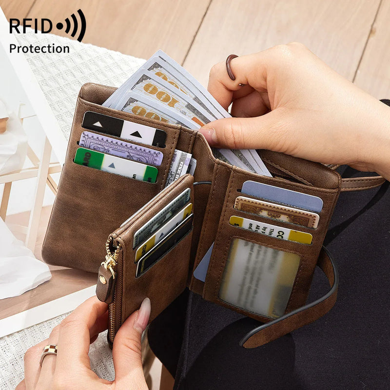 RFID Women's Wallet Soft PU Leather Solid Colour Short Style Anti-Theft Card Holder with Sewing Line Detail for Daily Use in Pink Black Grey Burgundy Army Green Coffee Light Purple Dark Purple