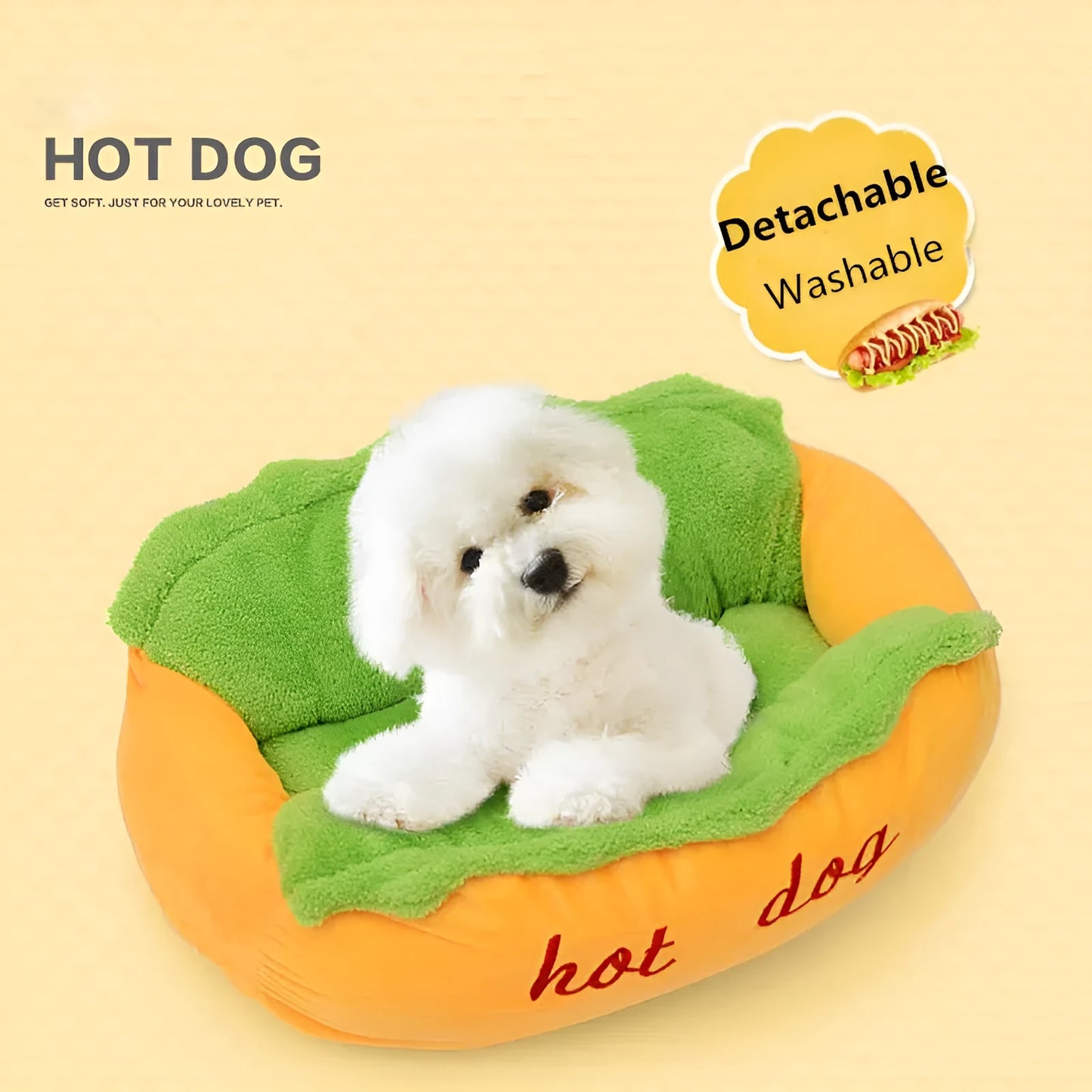 Brown sofa cushion style dog bed with removable mat, shown in a home setting.