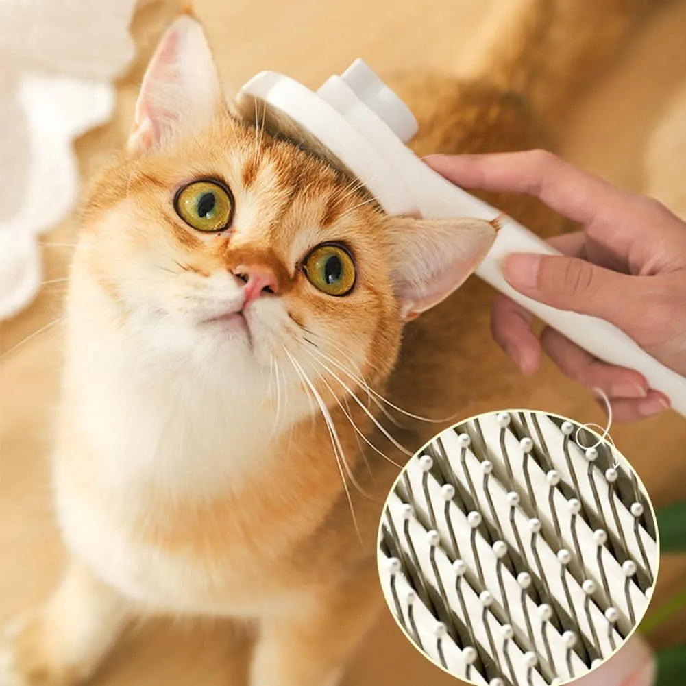 Blue self-cleaning cat brush with rubber-tipped pins and non-slip handle for grooming pets