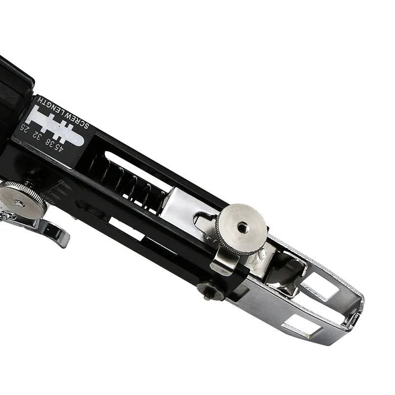 Chain Screw Gun Head with automatic nail gun mechanism for electric screwdrivers, metal construction with plastic and stainless steel components, includes gun rack and chain band D for tool storage and organisation, practical workshop accessory