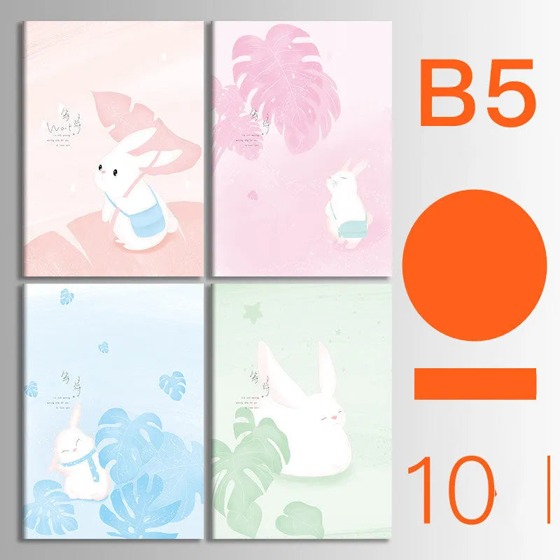 Pack of ten A5 kraft paper thread-bound notebooks with artistic cover designs lying flat.