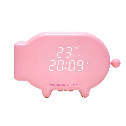 Blue LED alarm clock showing time and temperature with two USB charging ports