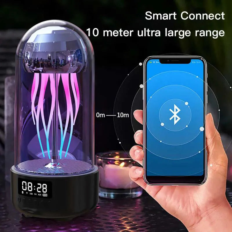 Colourful jellyfish-themed Bluetooth speaker with LED clock display showing time and battery level