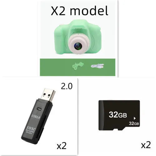 X2 HD mini digital camera for kids in silicone case with lanyard, shown capturing photo on 2-inch screen.