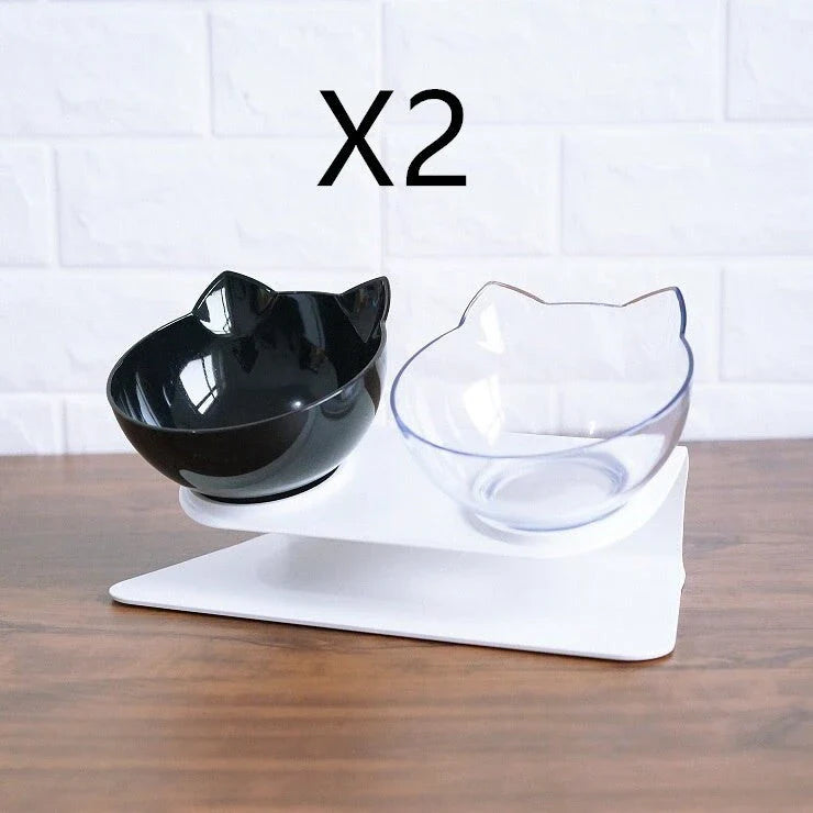 Tilted cat and dog bowls with raised stand, designed to reduce neck strain and protect cervical vertebrae.