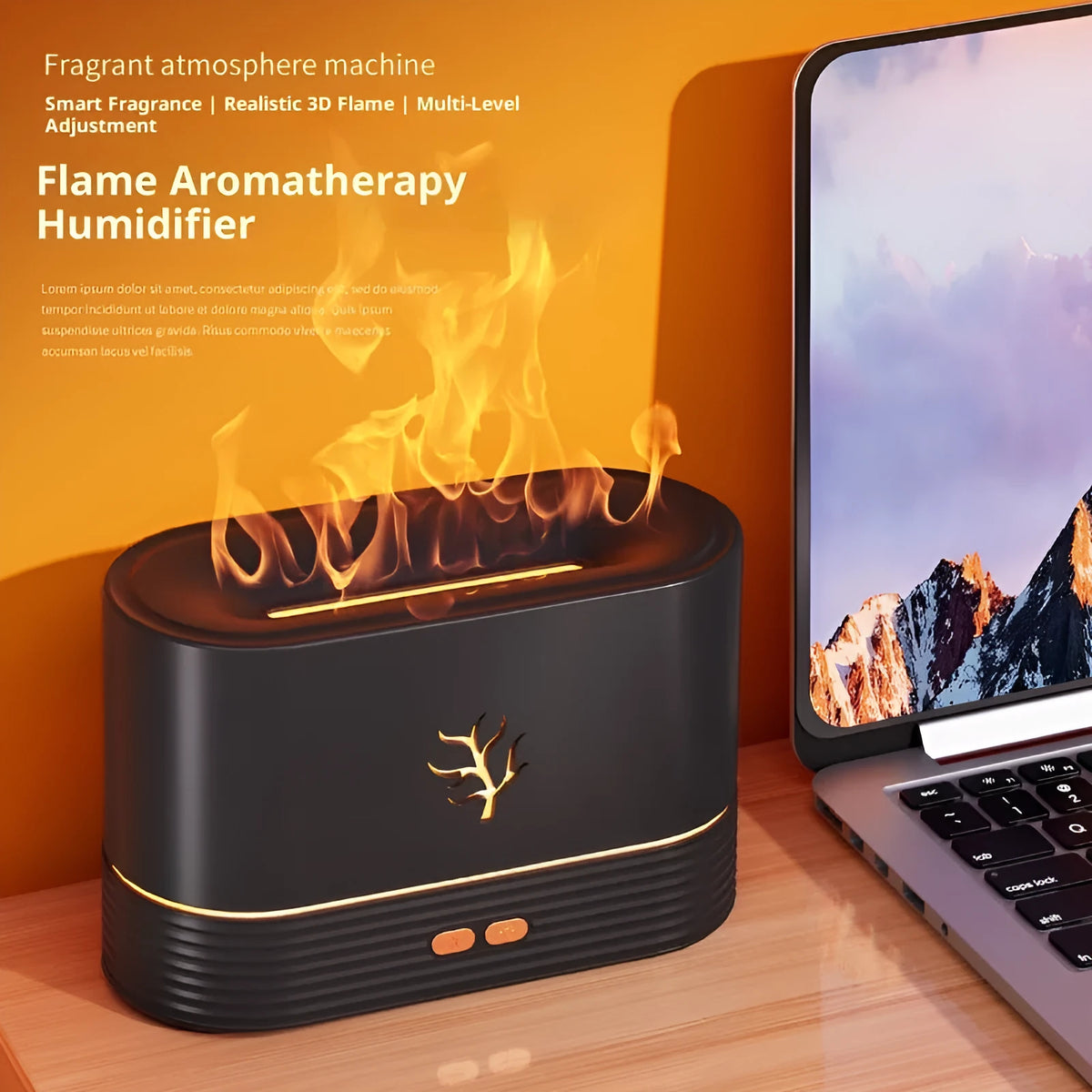 Square plastic 3D simulation flame aroma diffuser, USB powered, 5W, white or black, with ambience light and timer