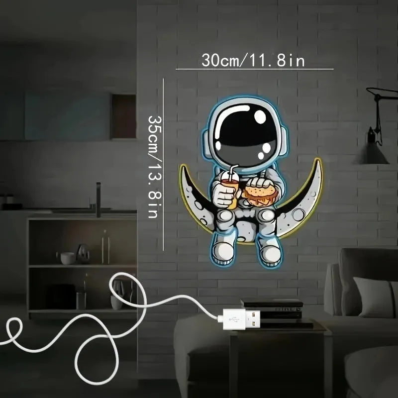 Astronaut silhouette neon light mounted on wall with USB cable, blue or cold white LED illumination